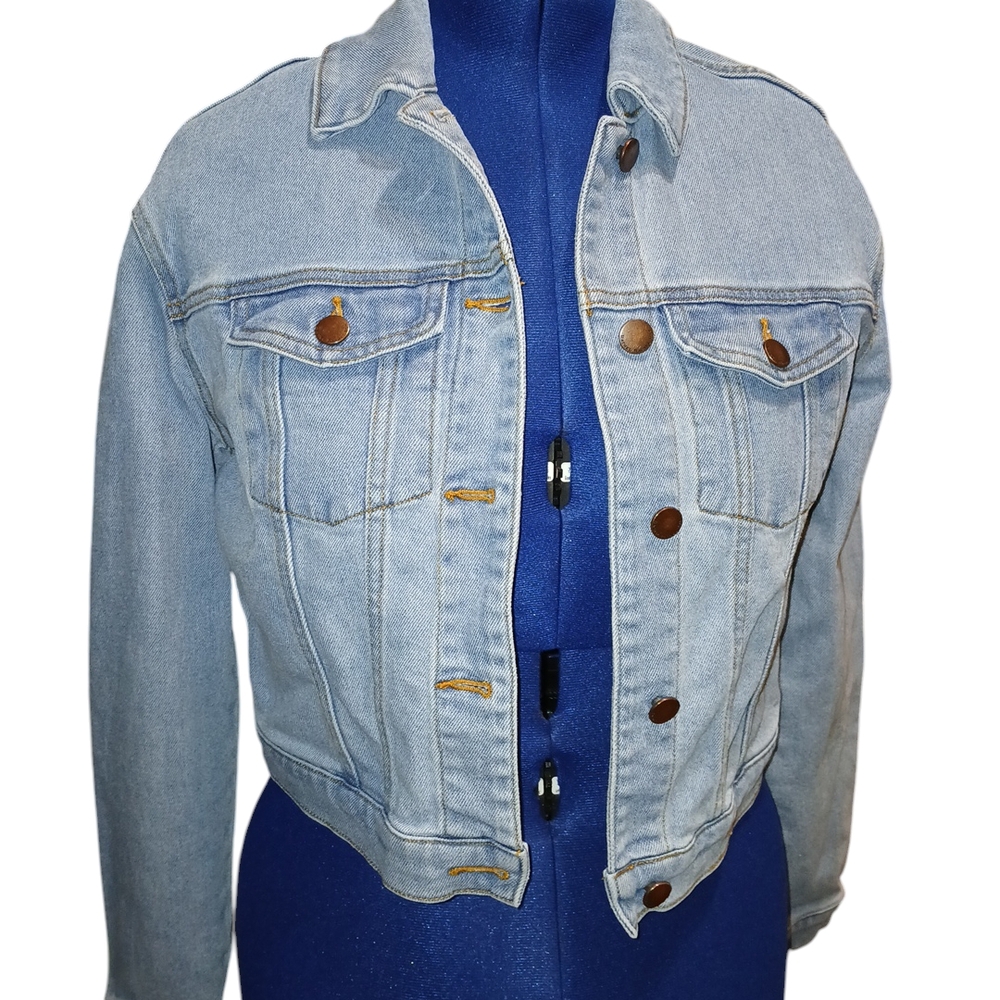 Denim Cropped Jacket with Button Details